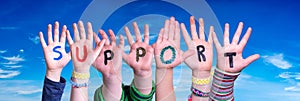 Children Hands Building Word Support, Blue Sky