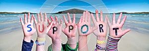 Children Hands Building Word Support, Ocean Background