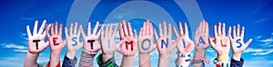 Children Hands Building Word Testimonials, Blue Sky