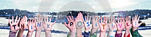 Children Hands Building Word Think Positive, Snowy Winter Background