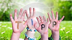 Children Hands Building Word Tipp Means Tip, Grass Meadow