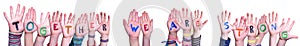 Children Hands Building Word Together We Are Strong, Isolated Background