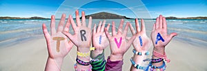 Children Hands Building Word Trivia, Ocean Background