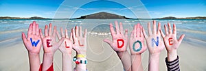 Children Hands Building Word Well Done, Sea And Ocean Background