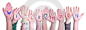 Children Hands Building Word Willkommen Means Welcome, Isolated Background