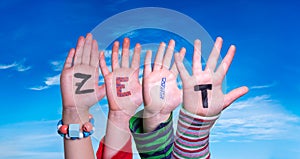 Children Hands Building Word Zeit Means Time. Blue Sky
