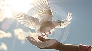 children hands carefully holding and releasing white dove
