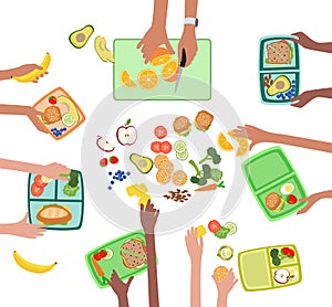 Children hands making healthy lunch for kids school lunchbox