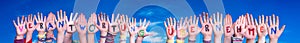 Children Hands, Verantwortung Uebernehmen Mean Take Resposibility, Blue Sky