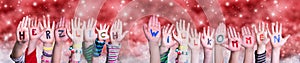 Children Hands Willkommen Means Welcome, Red Christmas Background