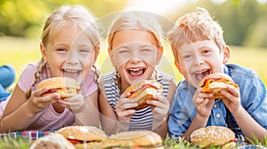 Children happily enjoying the delightful aromas of fresh food and having a great time at a picnic photo