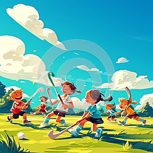 Children happily playing field hockey under a cloudy sky