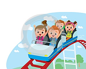 Children have fun in amusement park. Roller coaster. Exhilarating rides.Roller-coaster