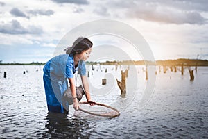 Children have fun fishing in lakel. Life style of children