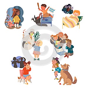 Children Having Fears Afraid of Dogs, Syringe and Monsters Vector Set