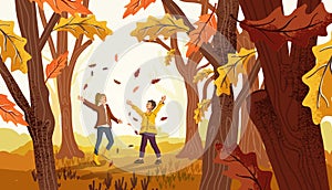 Children Having Fun With Autumn Fall Leaves