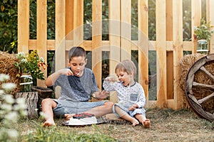 Children having fun in nature. Happy family having picnic.