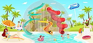 Children having fun in outdoor aquapark pool slide, people vector illustration