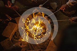 Children heating the marsmallow around a bornfire in a camp