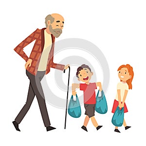 Children help grandfather bring packages cartoon vector illustration