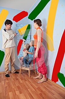 Children help parents to do repair room, collage photo