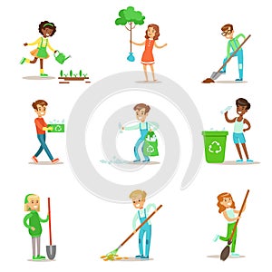 Children Helping In Eco-Friendly Gardening, Planting Trees, Cleaning Up Outdoors, Recycling The Garbage And Watering