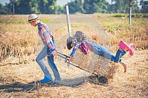 Children helping sweep haystack to pile in rice field of organic farm