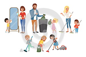 Children helping their parents with housework. Sweeping, vacuuming, washing floor, throwing out garbage, cleaning mirror