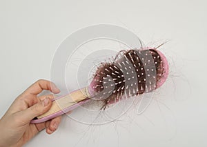 Children holding comb with fallen hair in hands  on white background