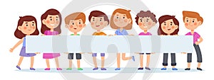 Children holding empty poster, little boys and girls with blank placard. Happy kids group with blank placard vector