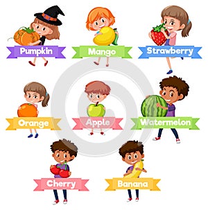 Children holding fruit and vegetable on white background