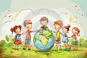 Children holding hands around large planet earth globe