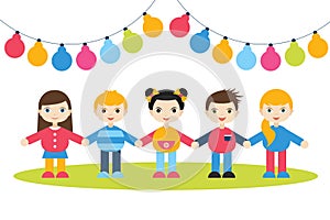 Children holding hands. Cartoon kids figures. Small boys and girls on a white background with color festive flags.