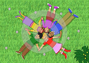 children holding hands while lying on their backs on the grass illustration