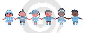 children holding hands. Multiracial group of baby girls and baby boys. Cute cartoon characters