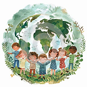 Children holding hands on planet earth. The concept of protecting the planet for future generations.