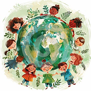 Children holding hands on planet earth. The concept of protecting the planet for future generations.