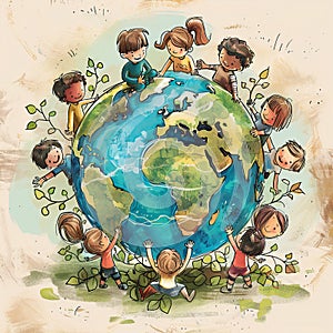 Children holding hands on planet earth. The concept of protecting the planet for future generations.