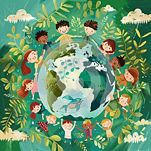 Children holding hands on planet earth. The concept of protecting the planet for future generations.