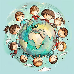 Children holding hands on planet earth. The concept of protecting the planet for future generations.