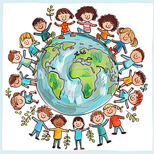 Children holding hands on planet earth. The concept of protecting the planet for future generations.