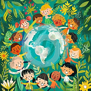 Children holding hands on planet earth. The concept of protecting the planet for future generations.