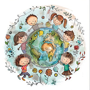 Children holding hands on planet earth. The concept of protecting the planet for future generations.