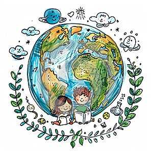 Children holding hands on planet earth. The concept of protecting the planet for future generations.