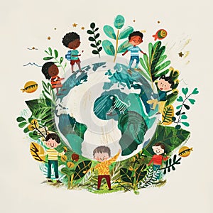 Children holding hands on planet earth. The concept of protecting the planet for future generations.