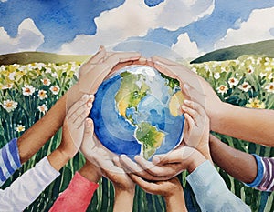 Children holding the planet Earth with their hands