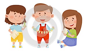 Children Holding Scissors and Doing Paper Craft Vector Illustrations Set