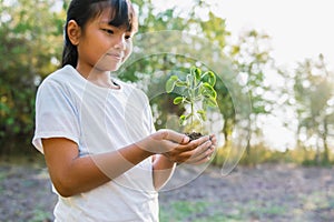 children holding small tree for planting. concept earth day