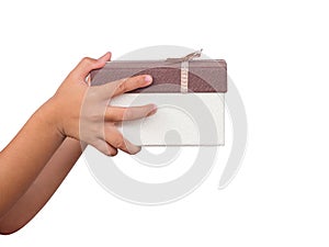 Children holding White gift box. isolated on white background.