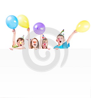 Children with holiday decorations and advertisement blank